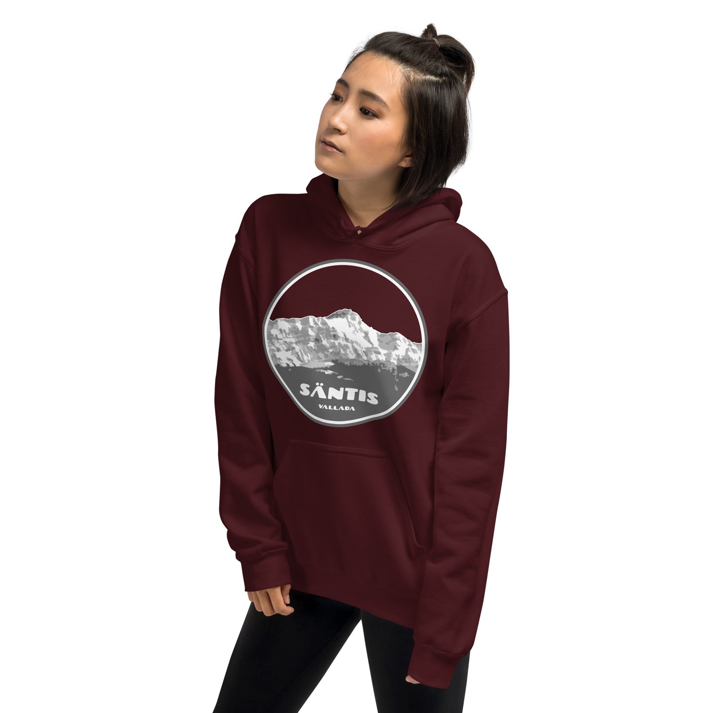 Damen Hoodie Säntis II in Kastanienbraun, Baumwolle, getragen von einem Modell.
