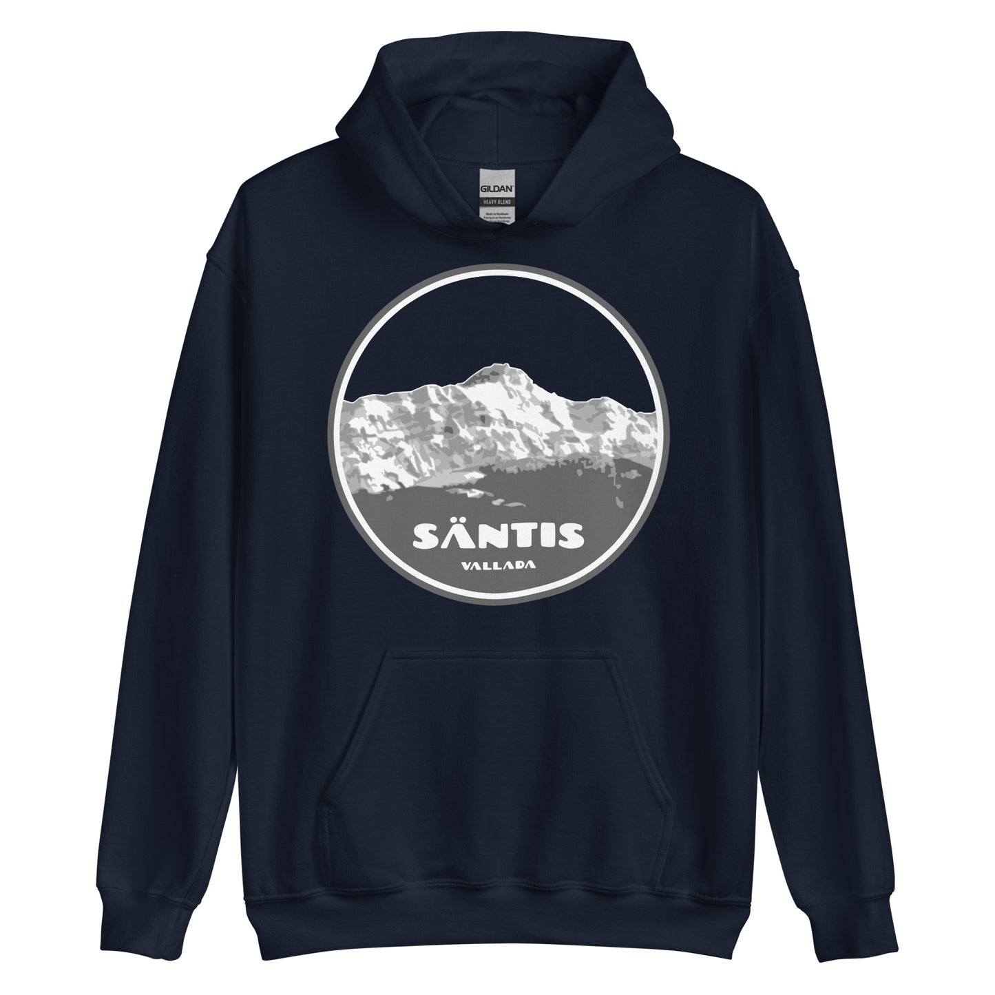 Damen Hoodie Säntis II in Navyblau mit Front-Print, seitliche Eingrifftaschen und Kordelzug