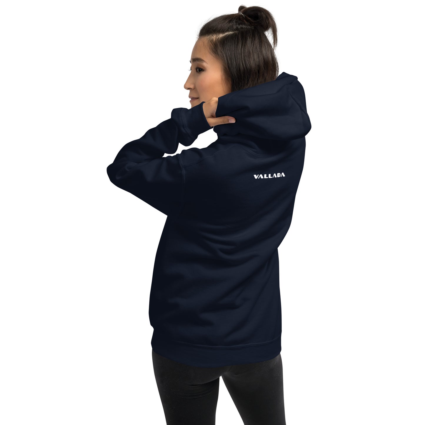 Damen Hoodie Säntis II in Navyblau, Rückenansicht mit Vallada-Logo, Baumwollmischung.