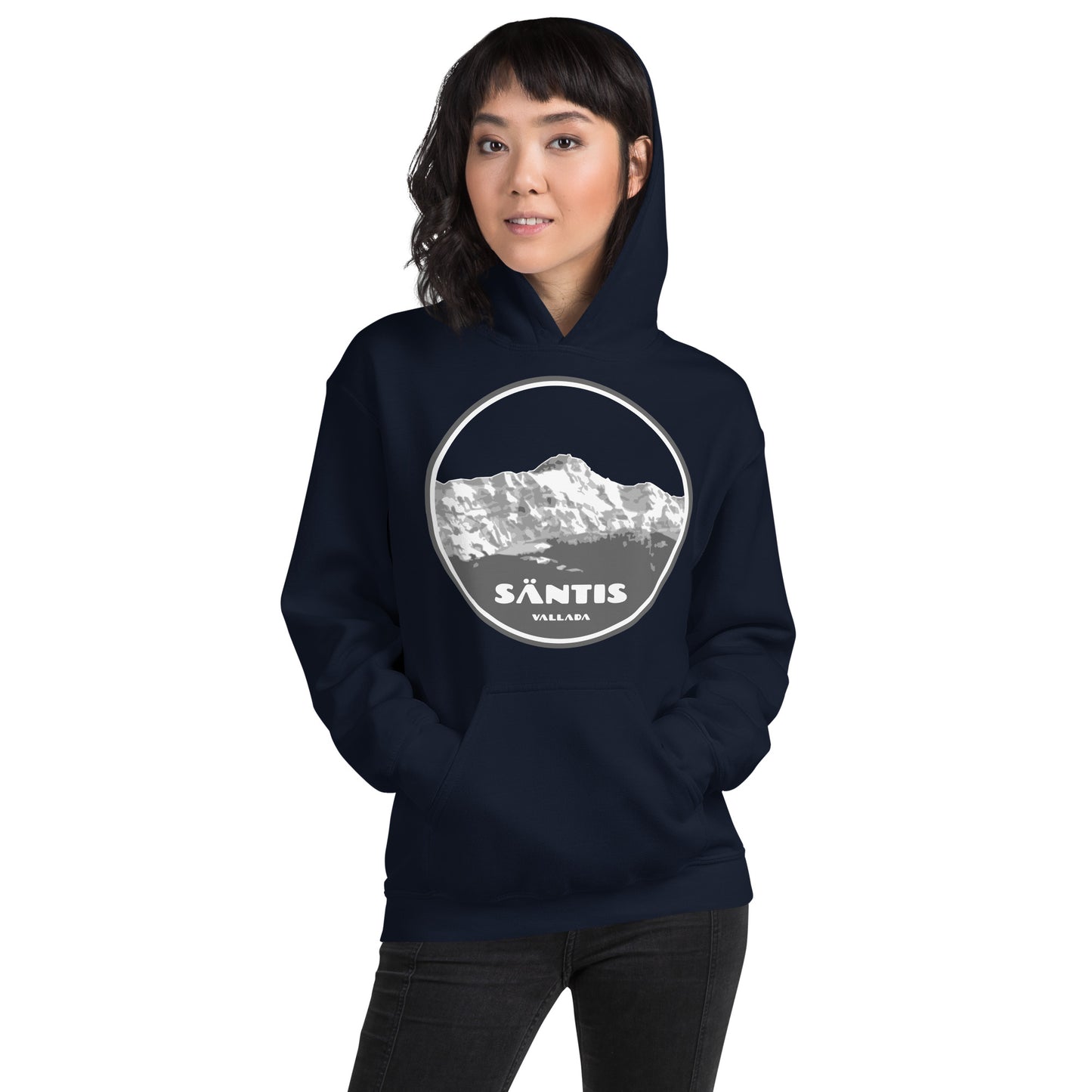 Damen Hoodie Säntis II in Navyblau, Modell mit Kapuze und Fronttasche.
