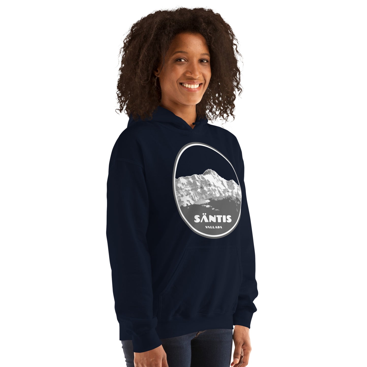 Damen Hoodie Säntis II in Navyblau mit Frontprint von Vallada.