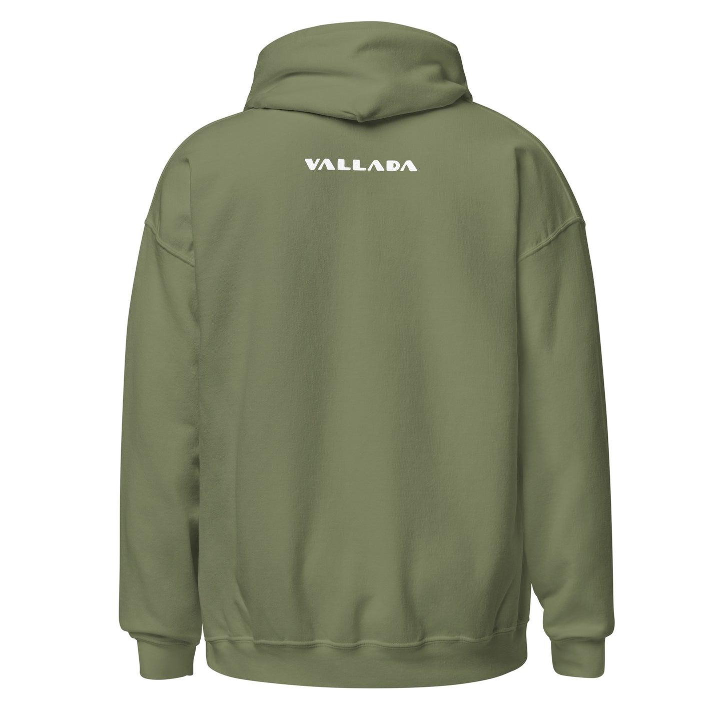 Rückansicht eines olivgrünen Damen-Hoodies mit Vallada-Logo, Baumwollmaterial, Kapuze und Kängurutasche.