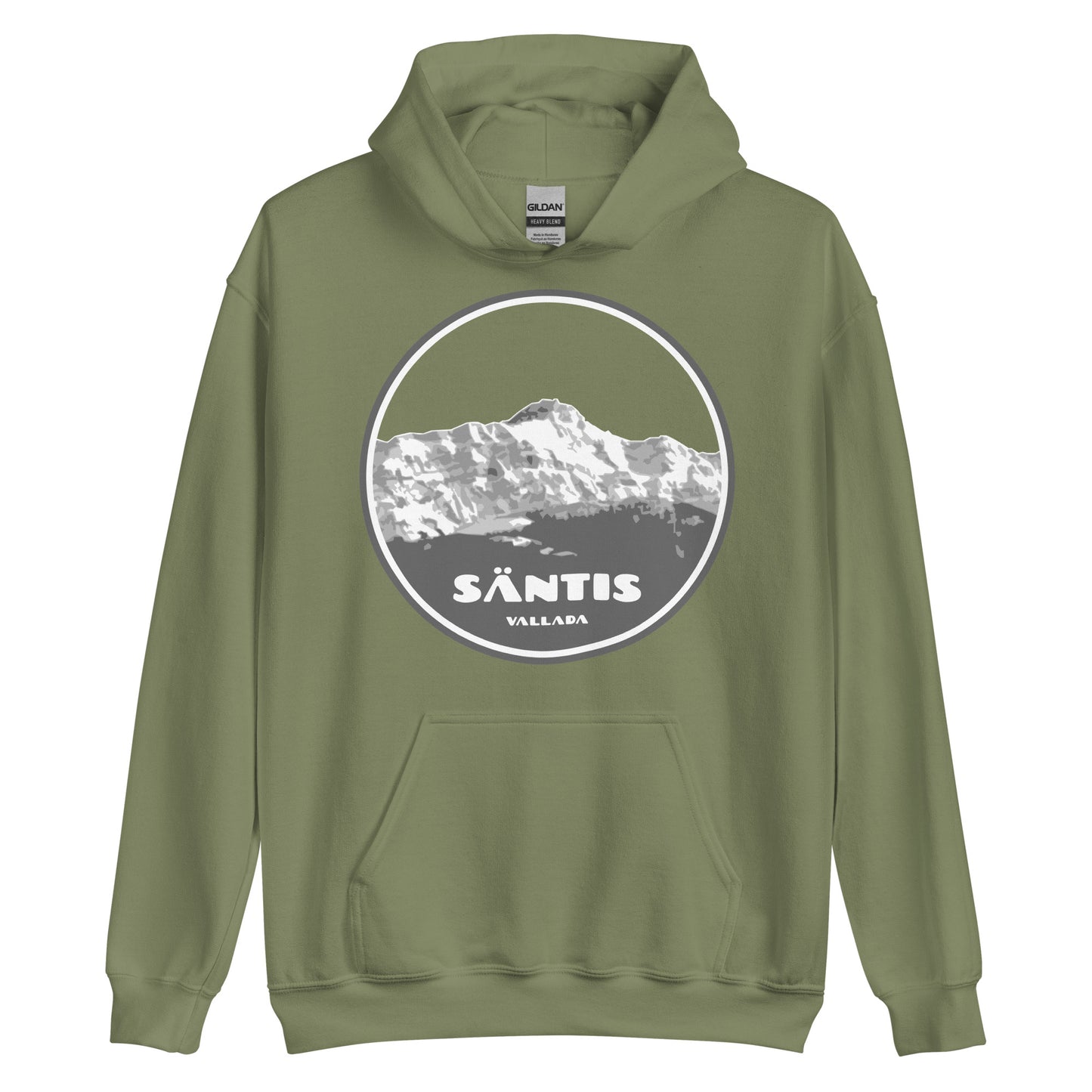 Damen Hoodie Säntis II in olivgrün mit Säntis-Aufdruck, aus Baumwolle, mit Kapuze und Kängurutasche