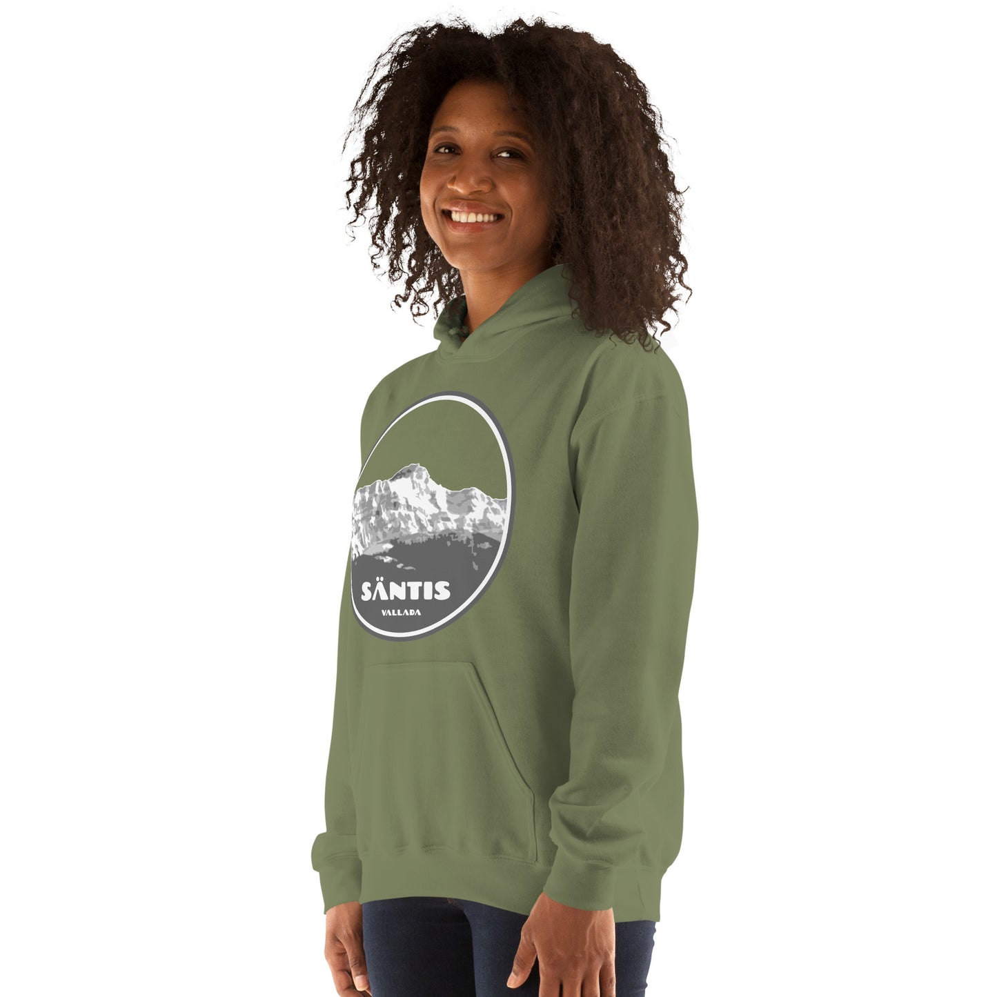Damen Hoodie Säntis II in Olivgrün, getragen von einem Modell, Baumwollmischung mit Kapuze