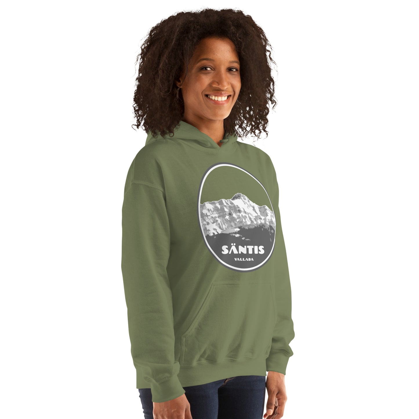 Damen Hoodie Säntis II in Olivgrün, Kapuzenpulli mit Fronttasche und Kordelzug, Modellfoto.