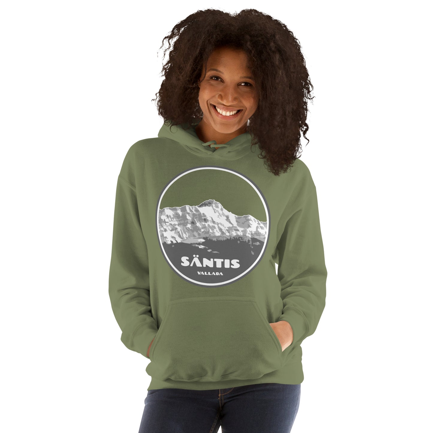 Damen Hoodie Säntis II in Olivgrün mit Fronttasche und Kapuze, getragen von einem weiblichen Modell.