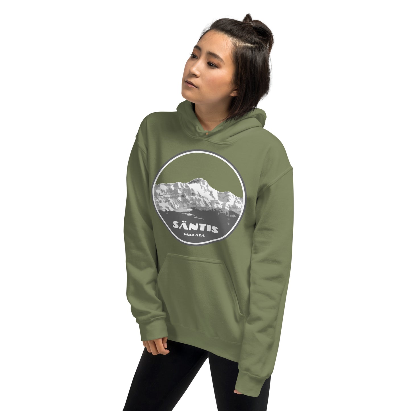 Olivgrüner Damen-Hoodie Säntis II von Vallada, Baumwolle, mit Kapuze und Fronttasche.