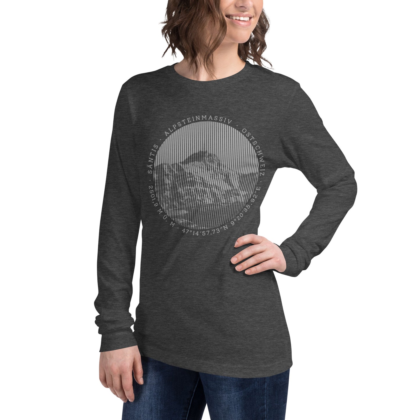 Damen Langarmshirt in Dunkelgrau meliert mit Säntis-Aufdruck, Baumwolle, Vallada.