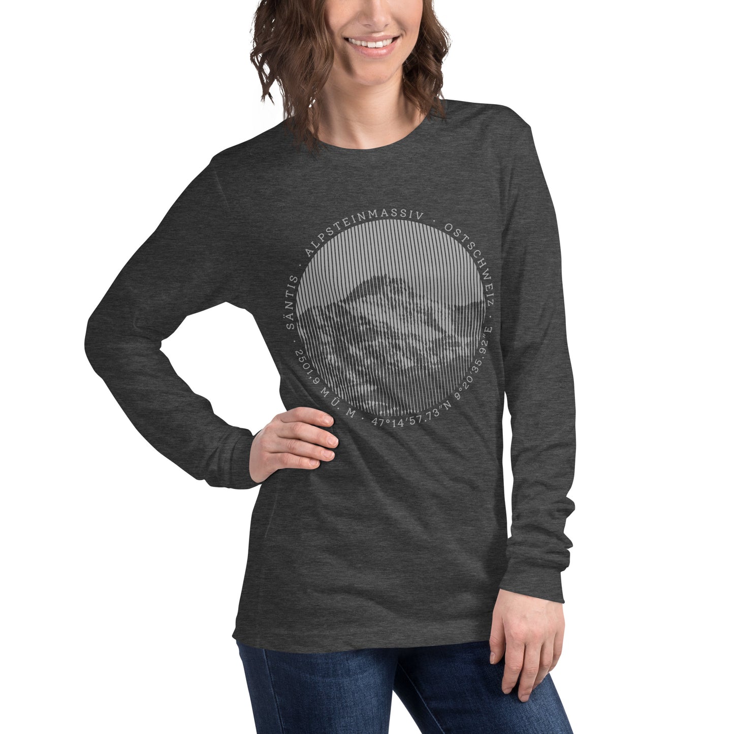 Damen Langarm T-Shirt Säntis, dunkelgrau meliert, mit Säntis-Print, Baumwolle, lässiger Schnitt