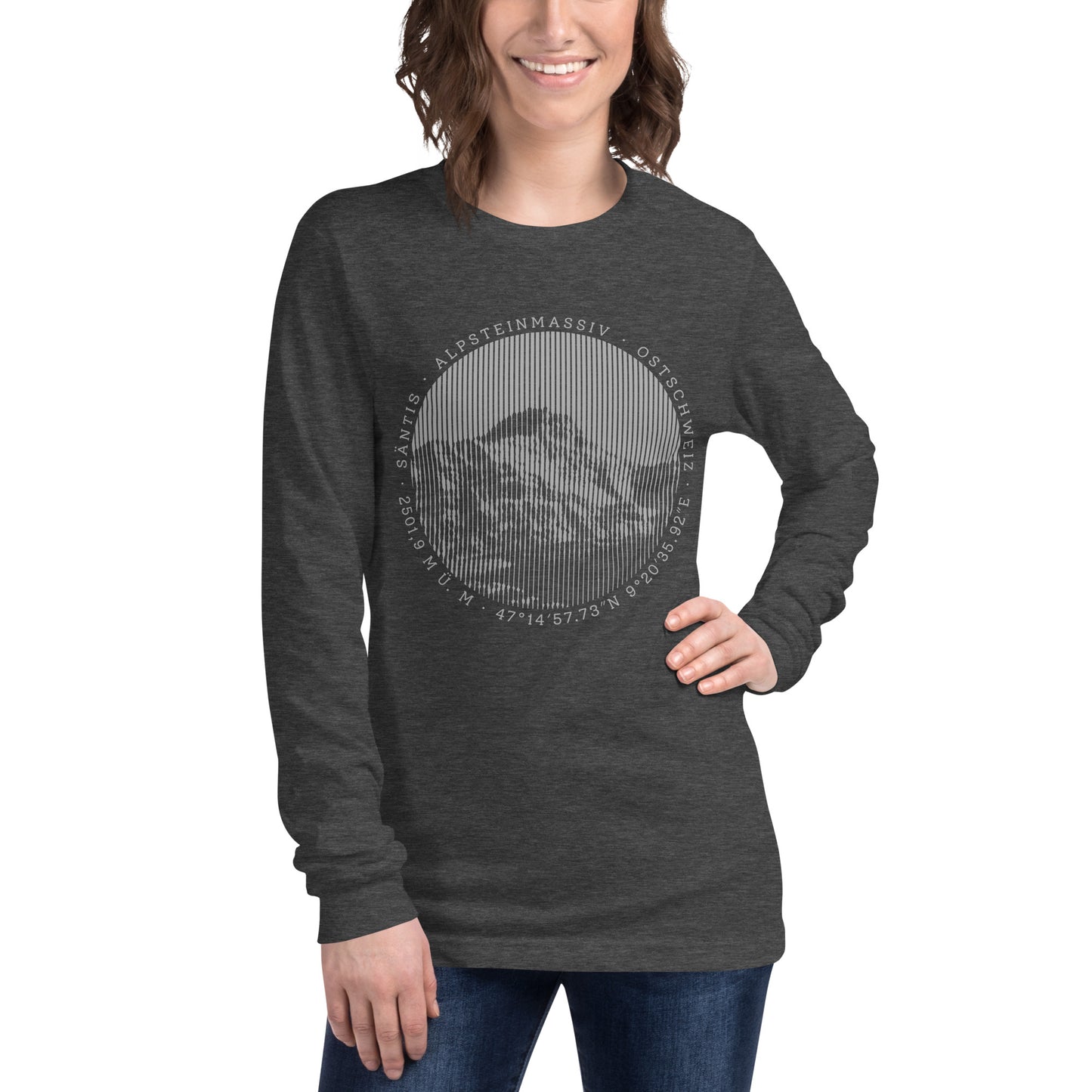 Damen-Langarm-T-Shirt Säntis in dunkelgrau meliert, lässiger Look, Baumwolle, bequemer Schnitt.