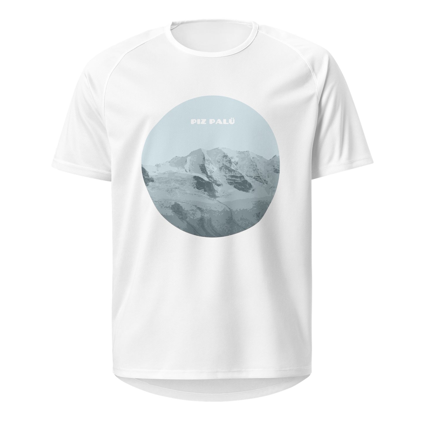 Weisses Damen Sport-Shirt mit hellblauem Piz Palü Print, Baumwolle, sportlich geschnitten.