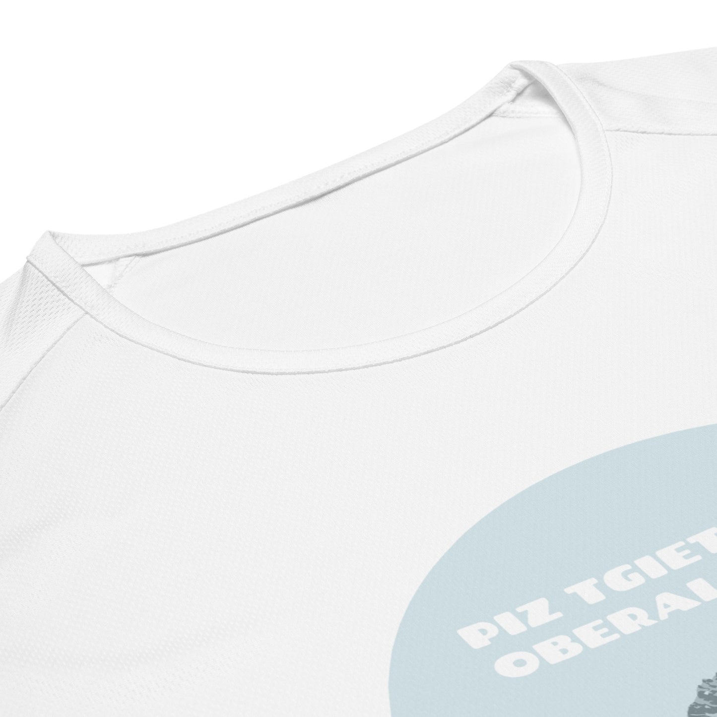 Weisses Damen Sport-Shirt mit blauem Piz Tgietschen Aufdruck und Roundneck Kragen.