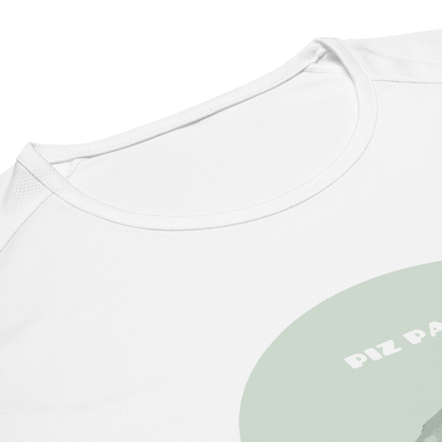 Weisses Damen Sport-Shirt mit Rundhalskragen und grünem Piz Palü Aufdruck aus Baumwolle.