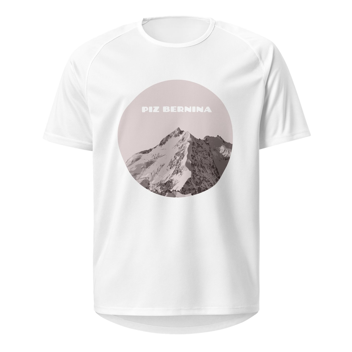 Weisses Damen Sport-Shirt mit rotem Piz Bernina Print aus Baumwolle.