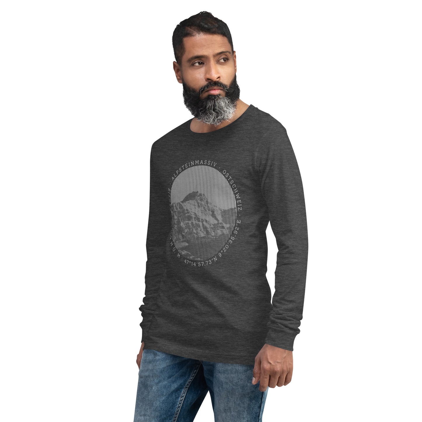 Herren-Langarm-T-Shirt Säntis, dunkelgrau meliert, Baumwolle, V-Ausschnitt.