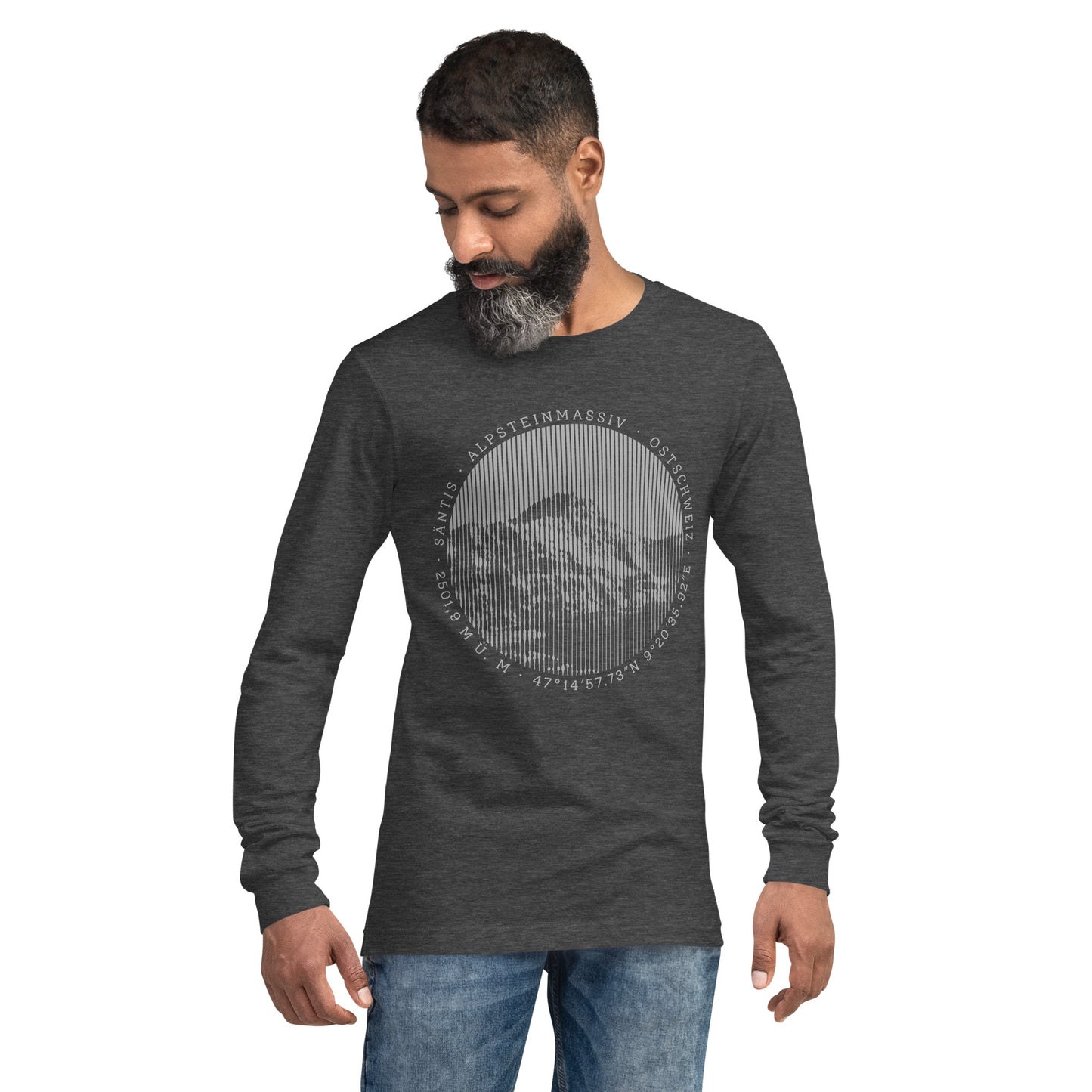 Herren-Langarm-T-Shirt Säntis, dunkelgrau meliert. Blue Jeans als Passzier.