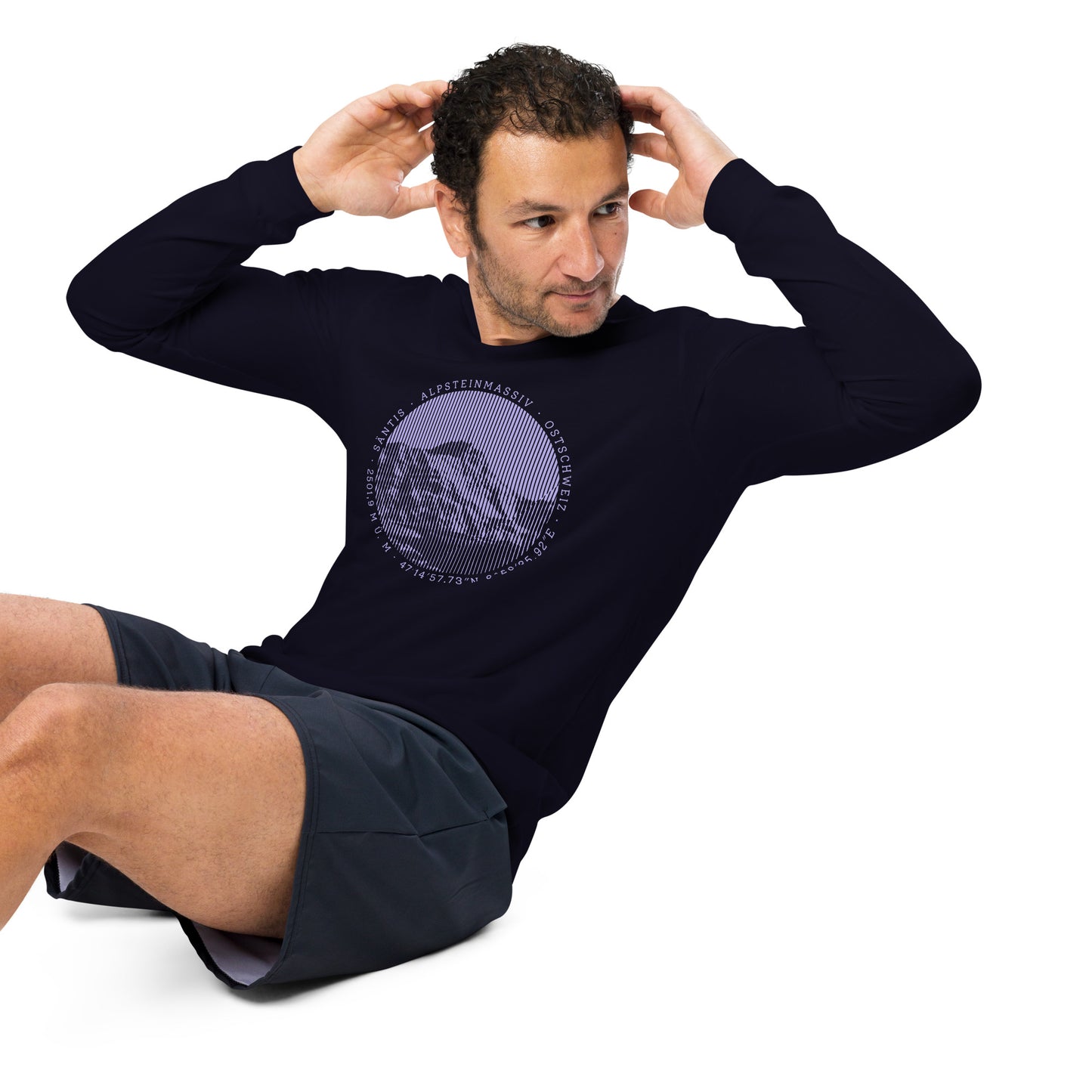Herren Longsleeve T-Shirt in Navyblau mit Säntis-Gipfelmotiv, Baumwolle, V-Neck Collar.