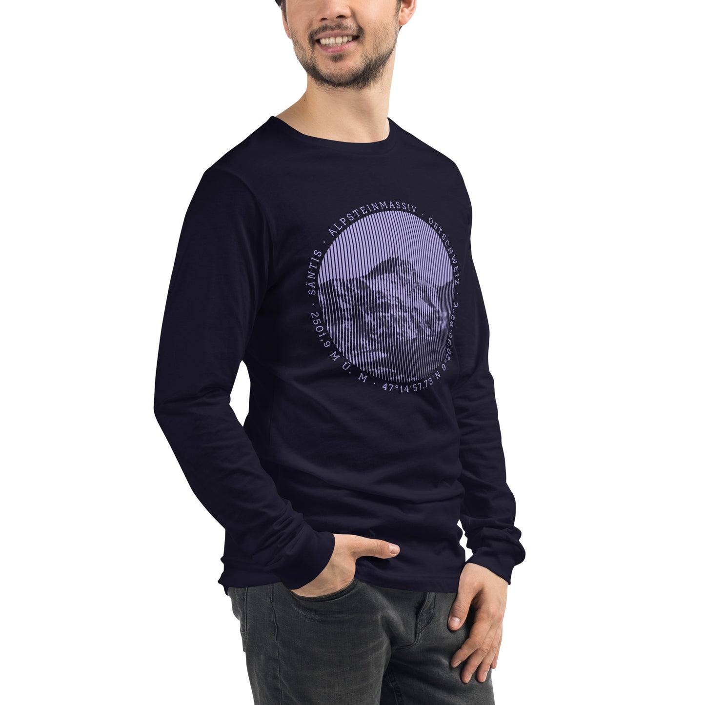 Herren-Longsleeve-T-Shirt in Navyblau mit Säntis-Motiv, Baumwolle.