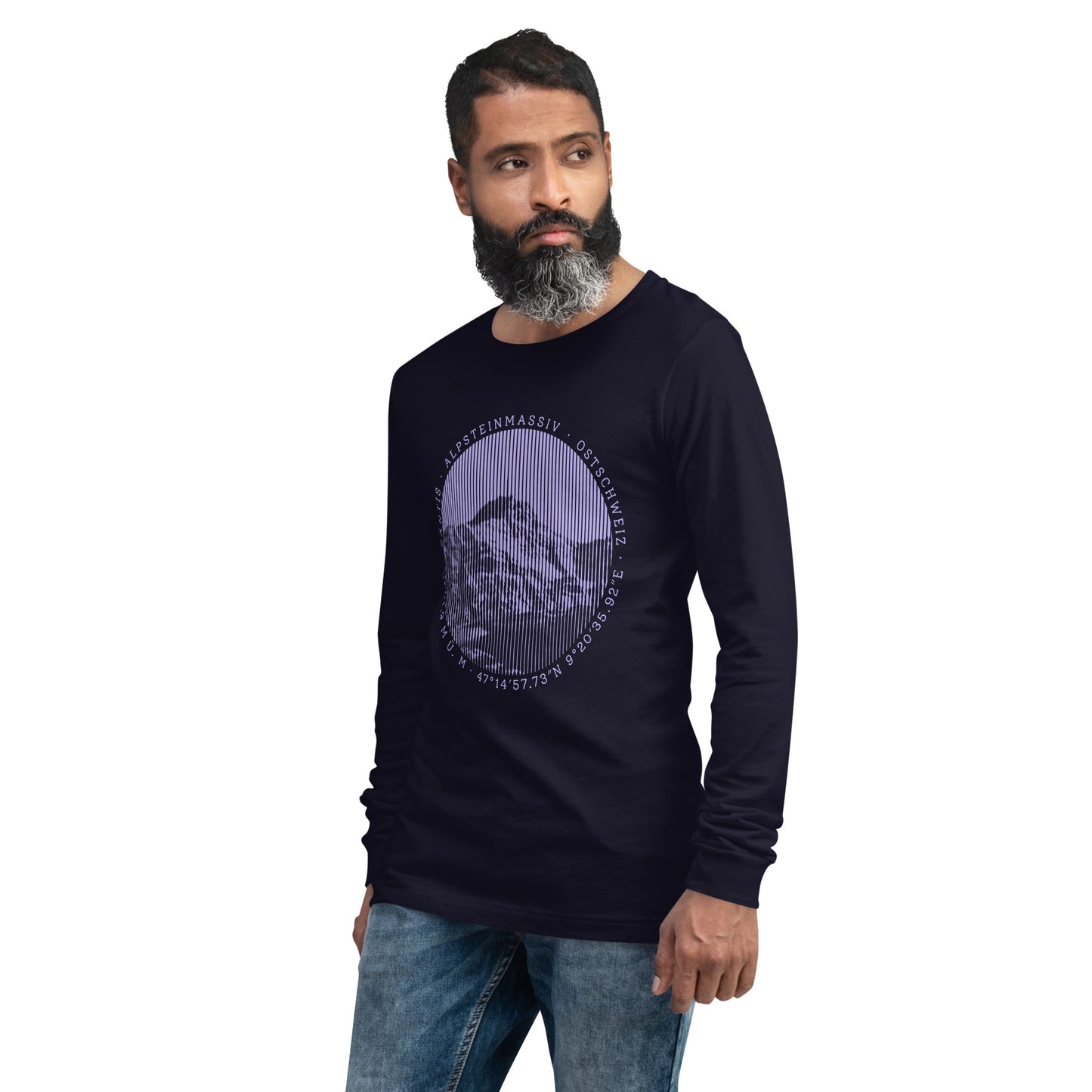 Herren-Langarm-T-Shirt Säntis, navyblau, Baumwolle, V-Ausschnitt, Detailansicht