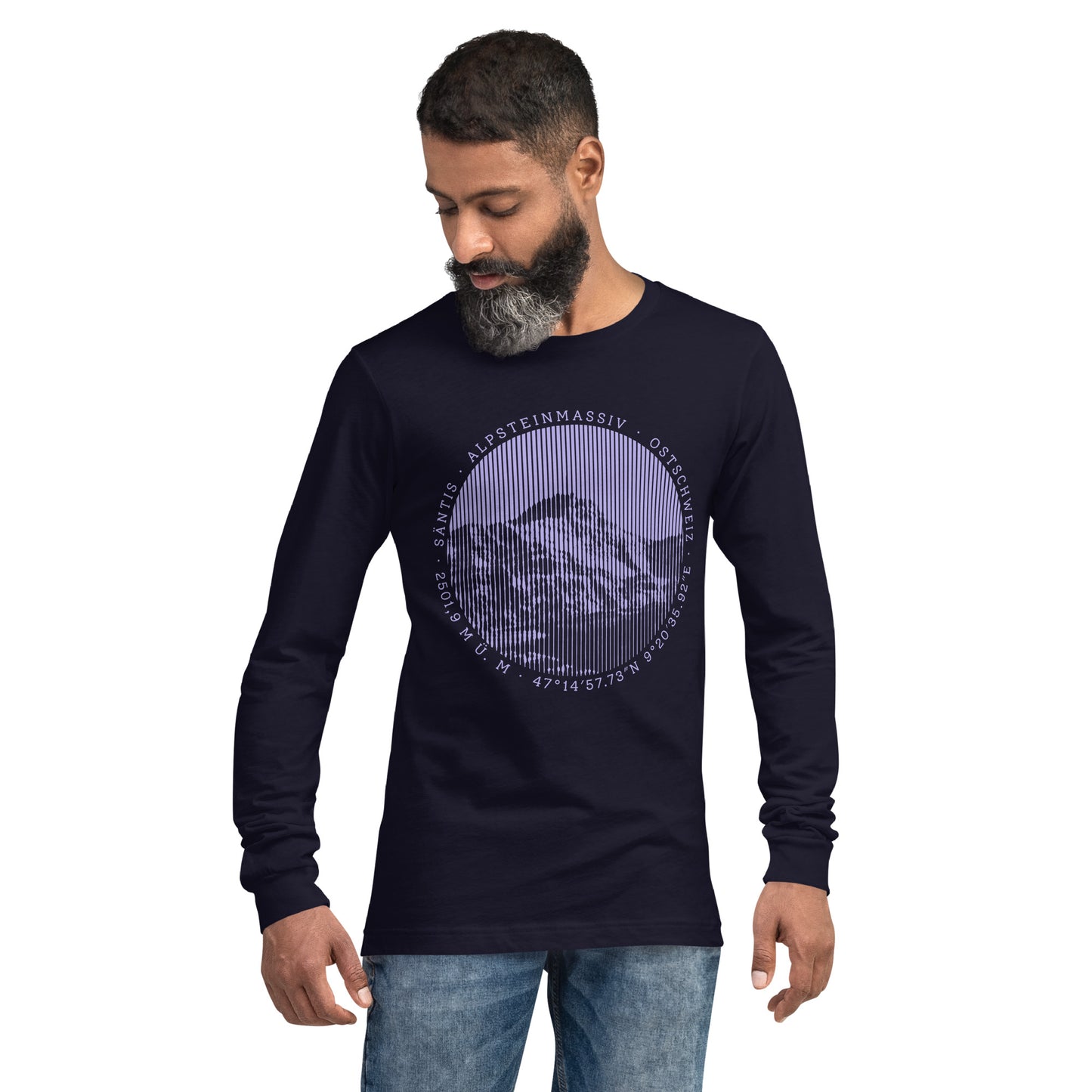 Herren-Langarm-T-Shirt navyblau mit Säntis-Gipfel-Abbild, Baumwolle, V-Ausschnitt.