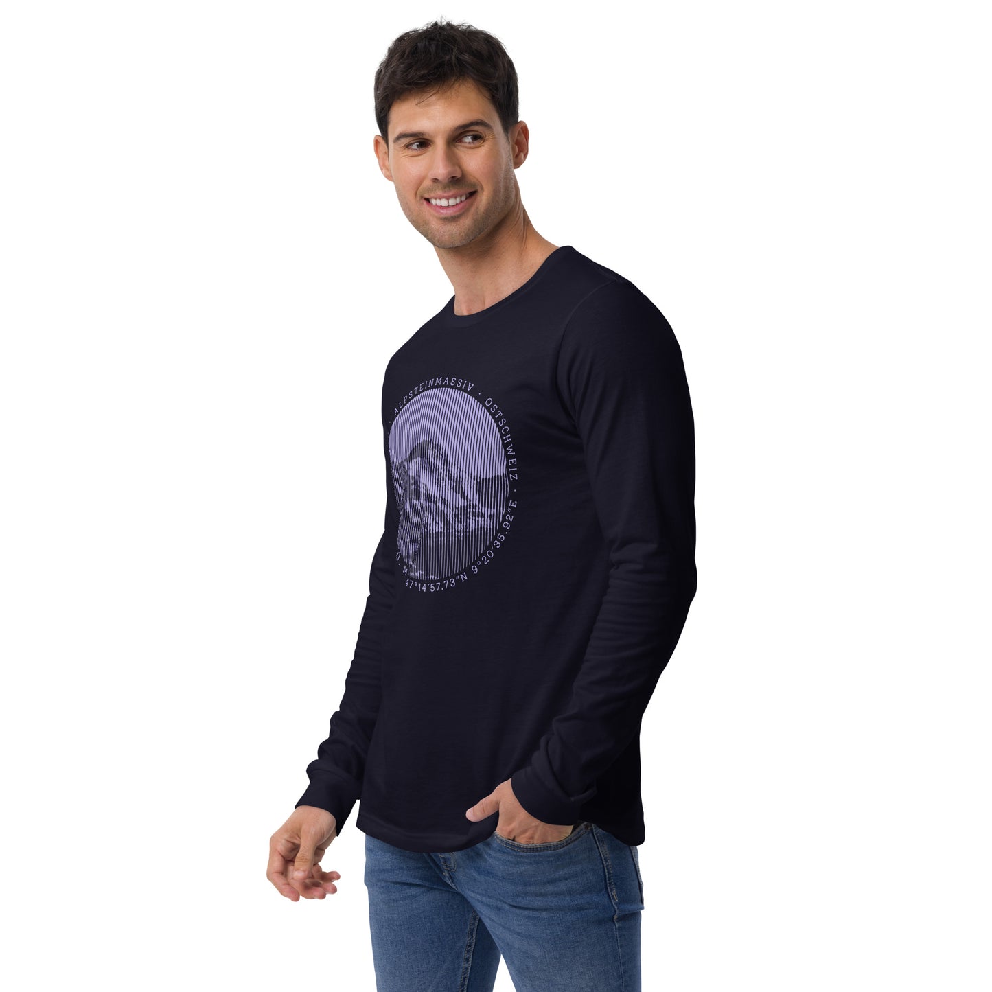 Herren-Langarm-T-Shirt Säntis, navyblau, Baumwollstoff, V-Neck.