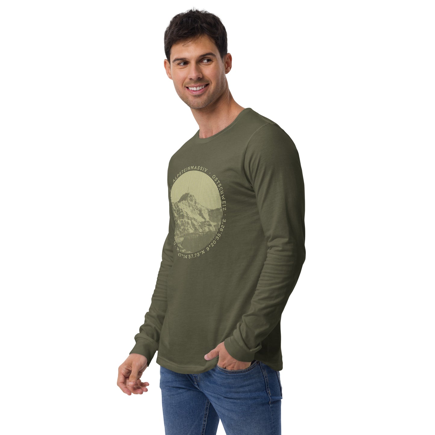 Herren-Langarm-T-Shirt Säntis, olivgrün, Baumwolle, V-Ausschnitt, detailierte Ansicht des T-Shirts