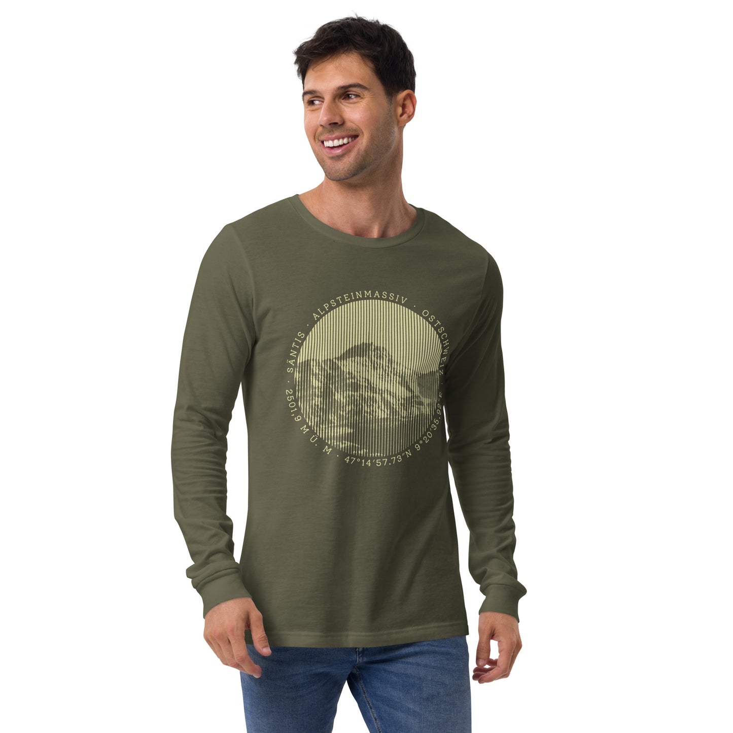 Herren-Langarm-T-Shirt Säntis, olivgrün, Baumwollstoff, V-Ausschnitt