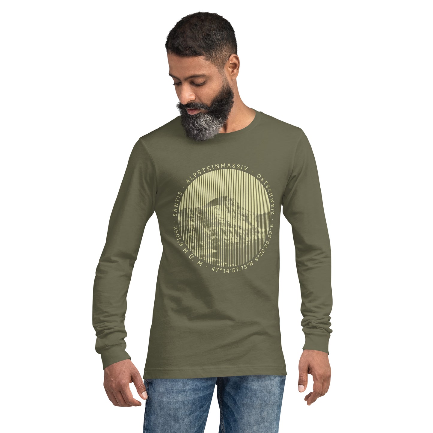 Herren Langarm T-Shirt olivgrün mit Säntis-Druck, Baumwolle, V-Ausschnitt.