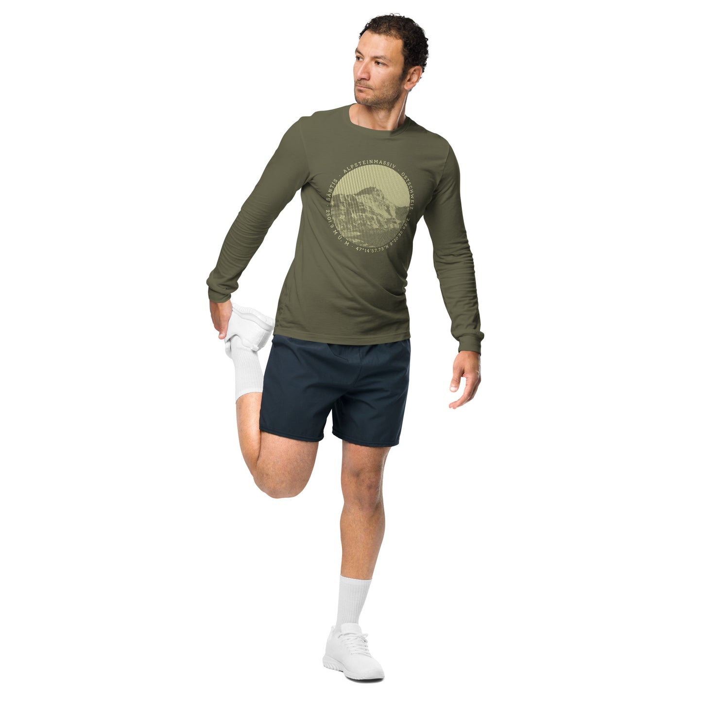 Herren-Langarm-T-Shirt Säntis, olivgrün, Baumwolle, V-Ausschnitt