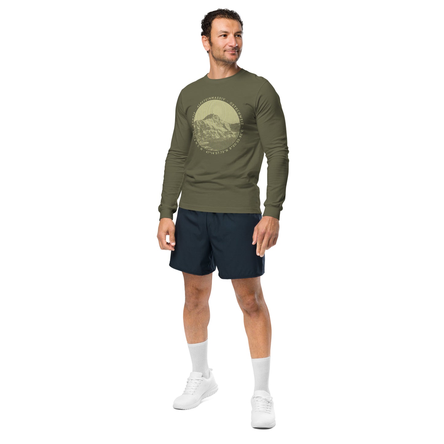 Herren Langarm-T-Shirt Säntis, olivgrün, Baumwolle, V-Ausschnitt