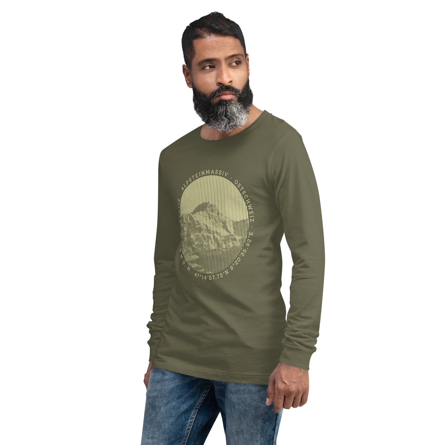 Herren-Langarm-T-Shirt in Olivgrün Säntis, Baumwolle, V-Ausschnitt.