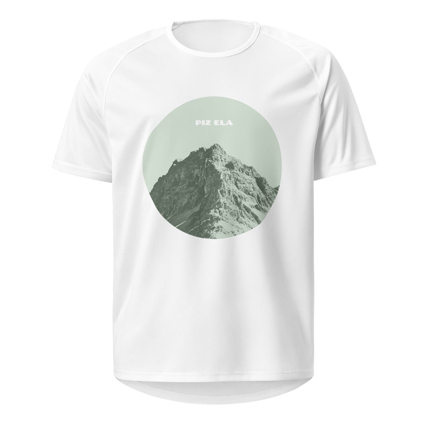 Weisses Herren-Sport-Shirt mit grünem Piz Ela Print aus Baumwolle.