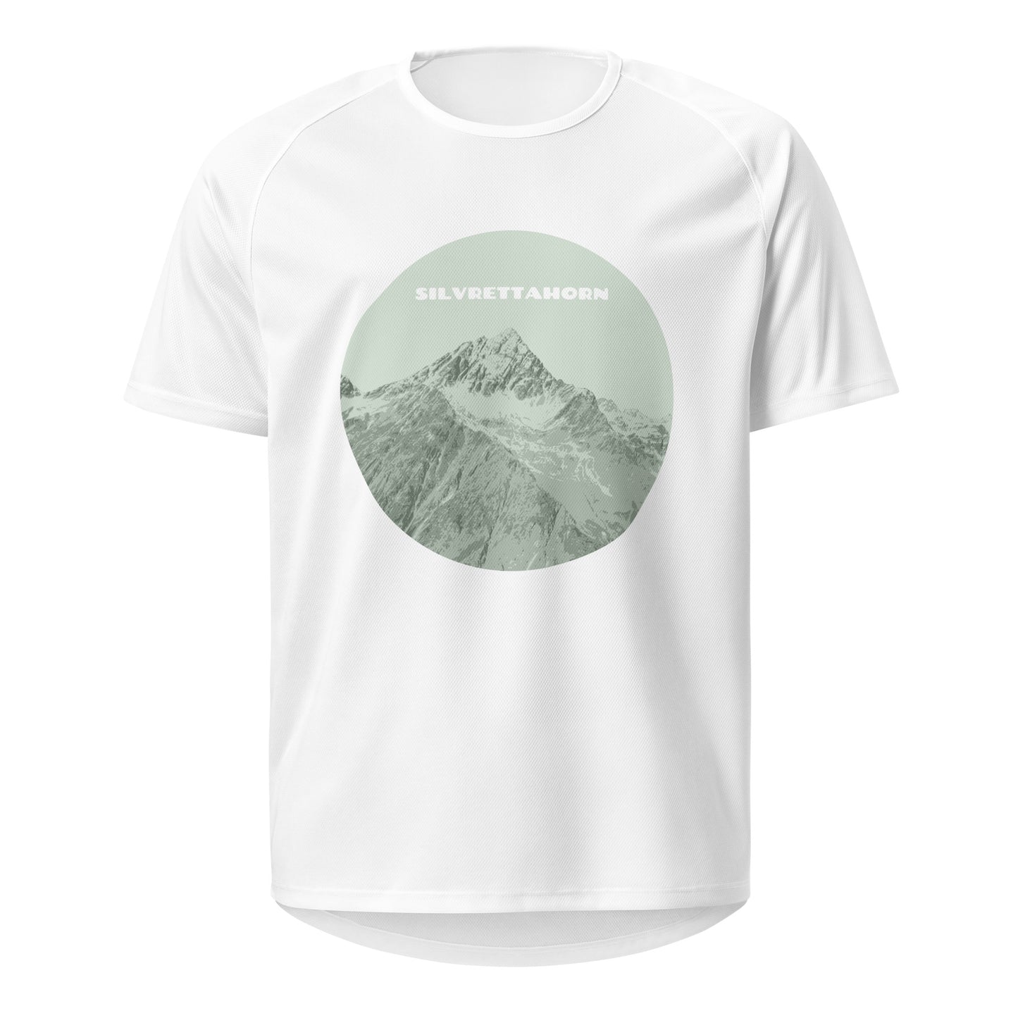 Weisses Herren-Sport-Shirt mit grünem Silvrettahorn-Print aus Baumwolle.
