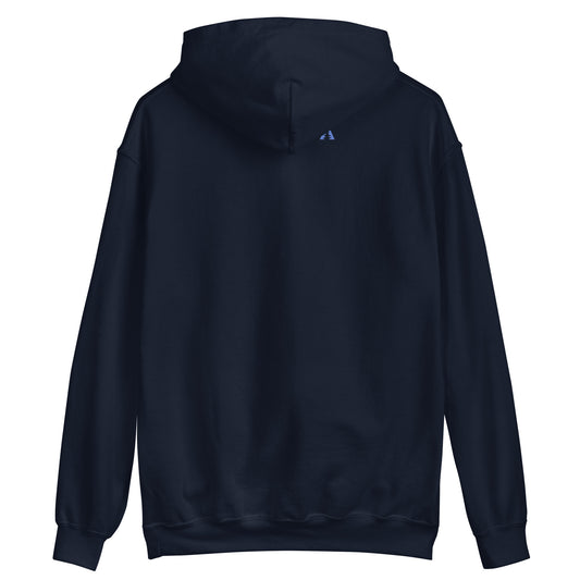 Navyblauer Herren Hoodie mit Mythen-Motiv aus Baumwolle. Der Print zeigt den Grossen Mythen und den Kleinen Mythen bei Schwyz.