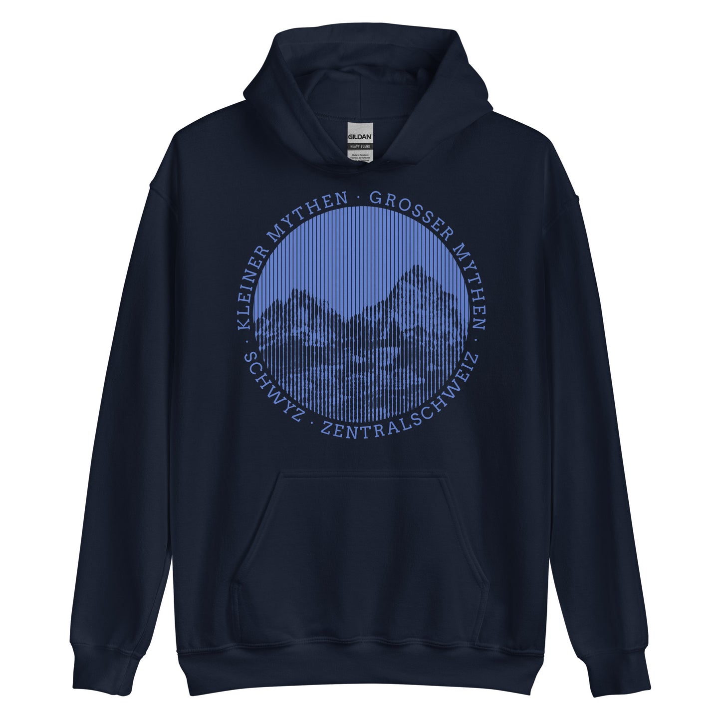Navyblauer Herren Hoodie. Der Print auf dem Hoodie zeigt den Grossen Mythen und den Kleinen Mythen bei Schwyz.