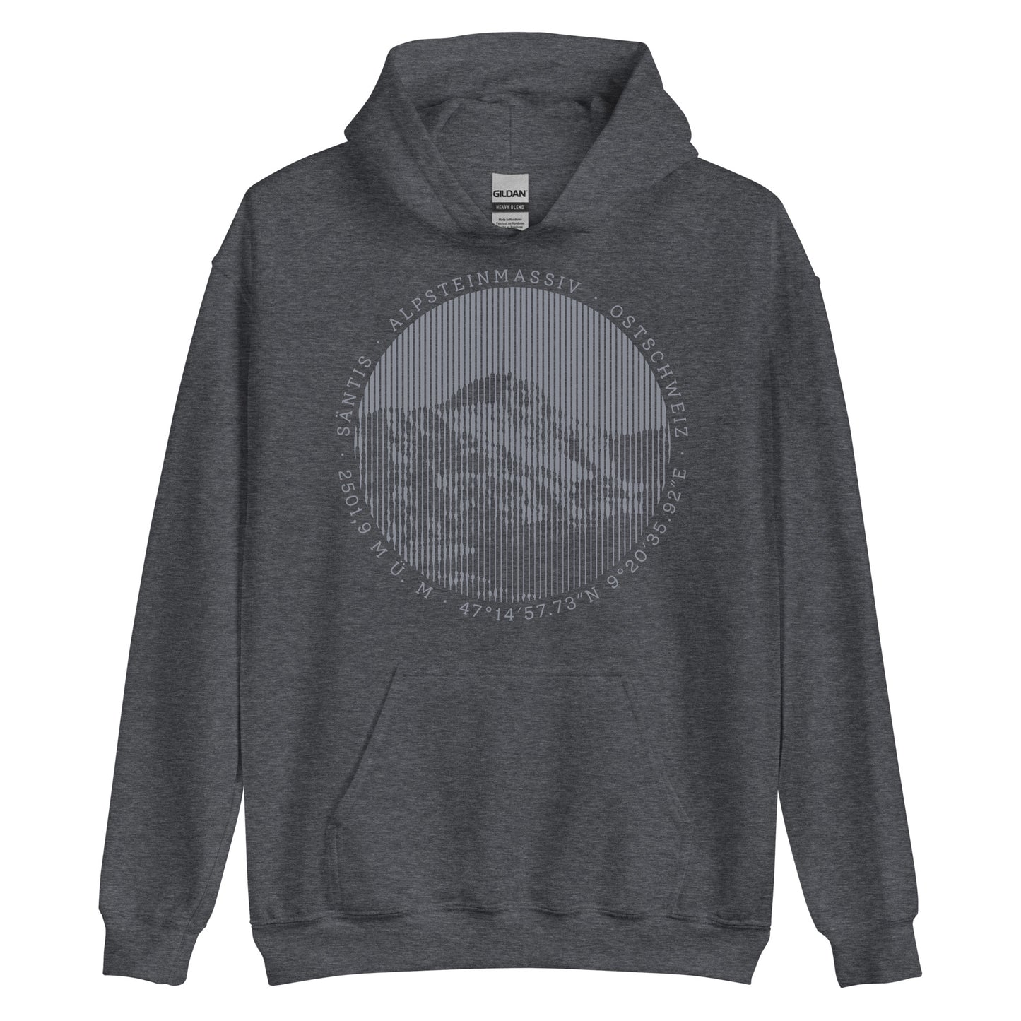 Dunkelgrauer Damen Hoodie mit Säntis-Print, meliert, aus Baumwolle.