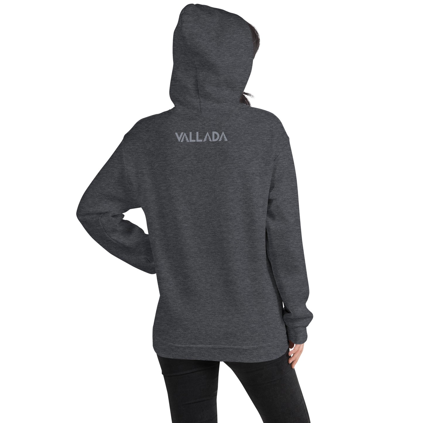 Damen Hoodie Säntis dunkelgrau meliert mit Vallada-Logo auf dem Rücken aus Baumwolle.