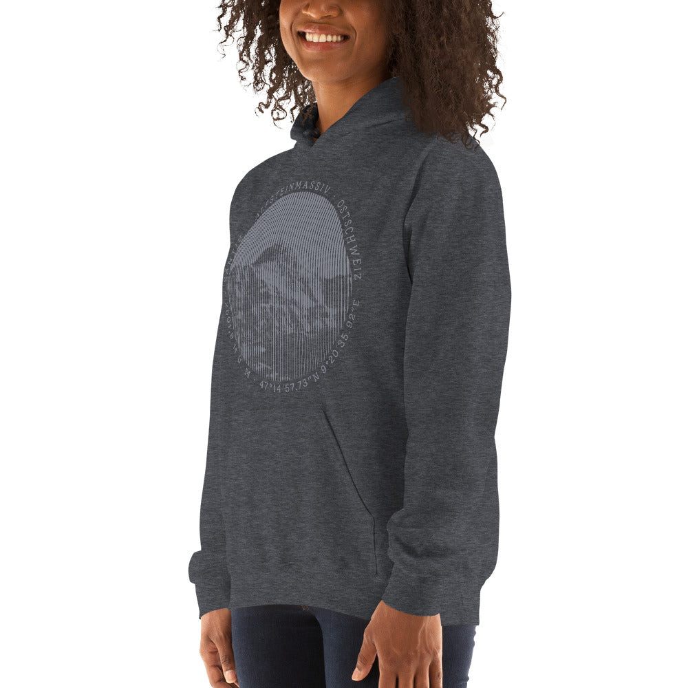 Damen Hoodie Säntis dunkelgrau meliert mit Säntis-Aufdruck, Baumwolle, Langarmshirt
