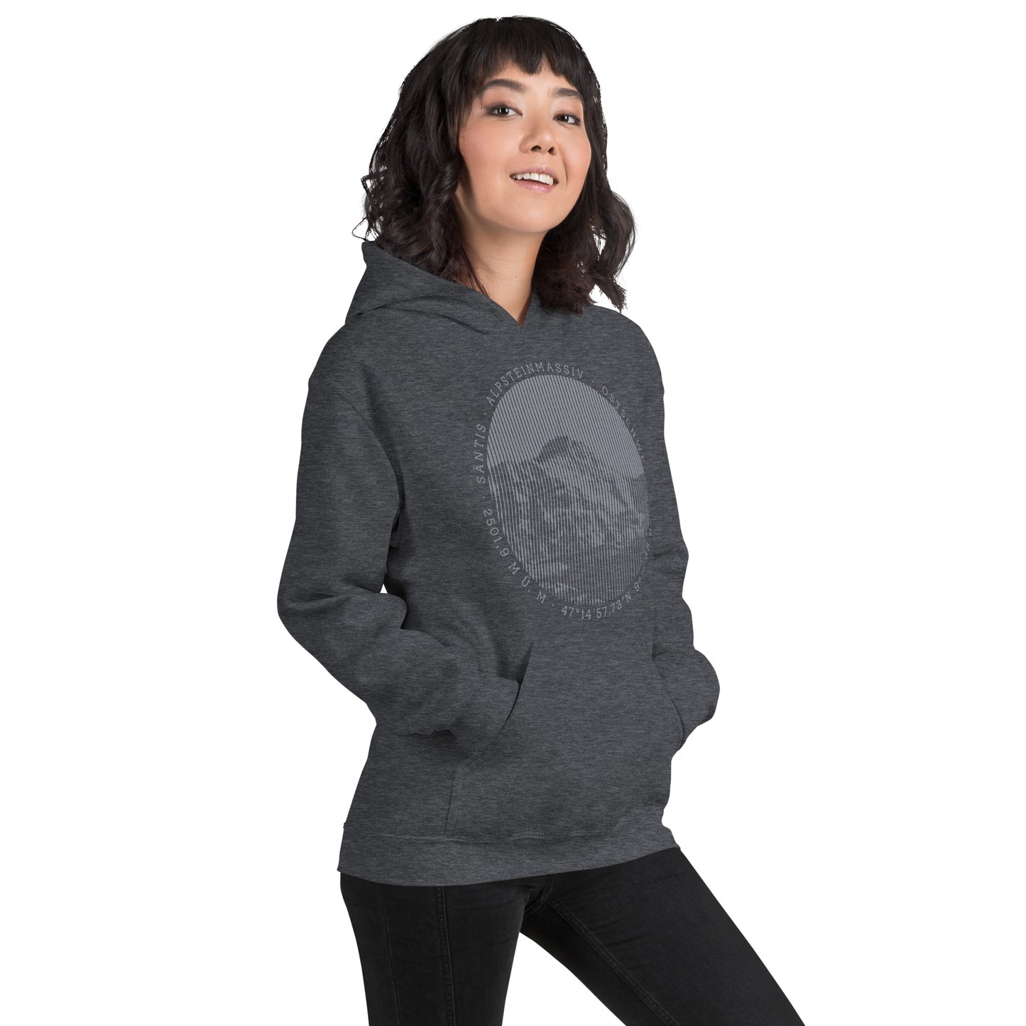 Damen Hoodie Säntis I dunkelgrau meliert mit Säntis-Gipfel-Aufdruck, Baumwolle, bequemer Schnitt.