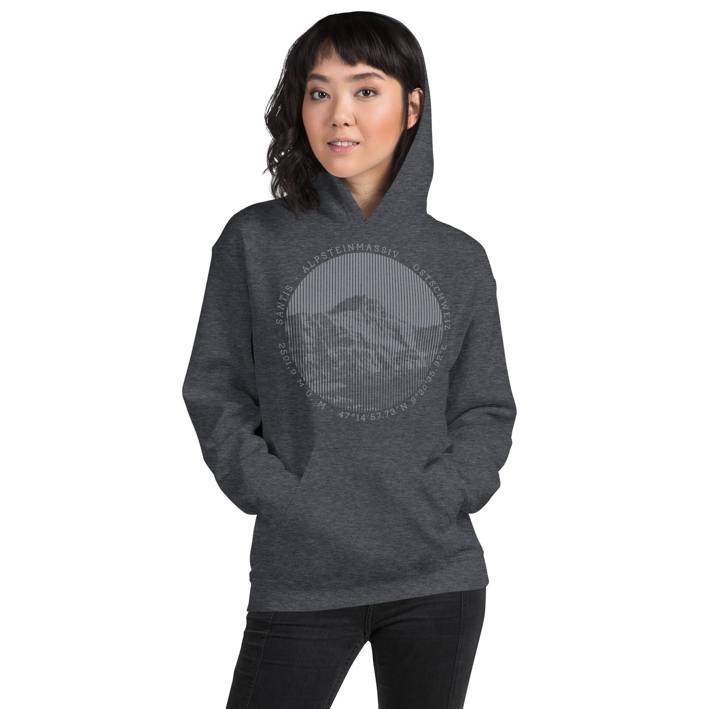 Damen Hoodie Säntis in dunkelgrau meliert mit Säntis-Gipfel-Aufdruck, Baumwolle, Langarm.