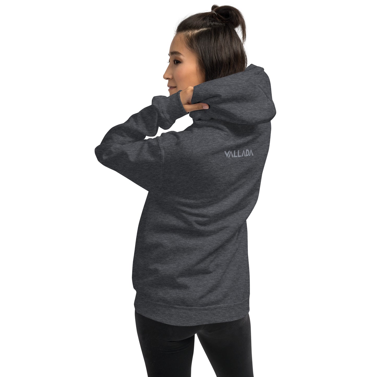 Damen Hoodie Säntis in dunkelgrau meliert, Rückansicht mit Vallada-Logo, ideal für Wanderungen