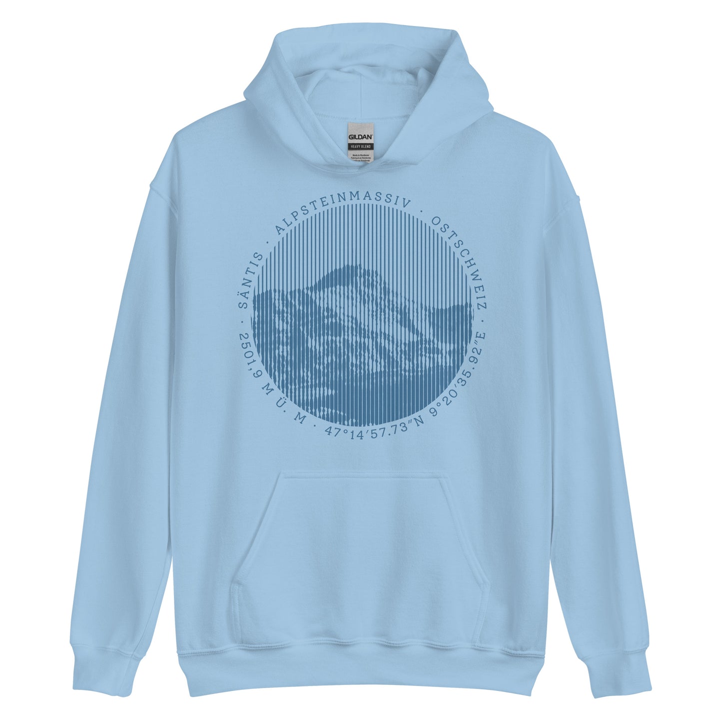 Hellblauer Hoodie. Der Print zeigt den Säntis, einen legendären Berggipfel in den Appenzeller Alpen in der Ostschweiz.