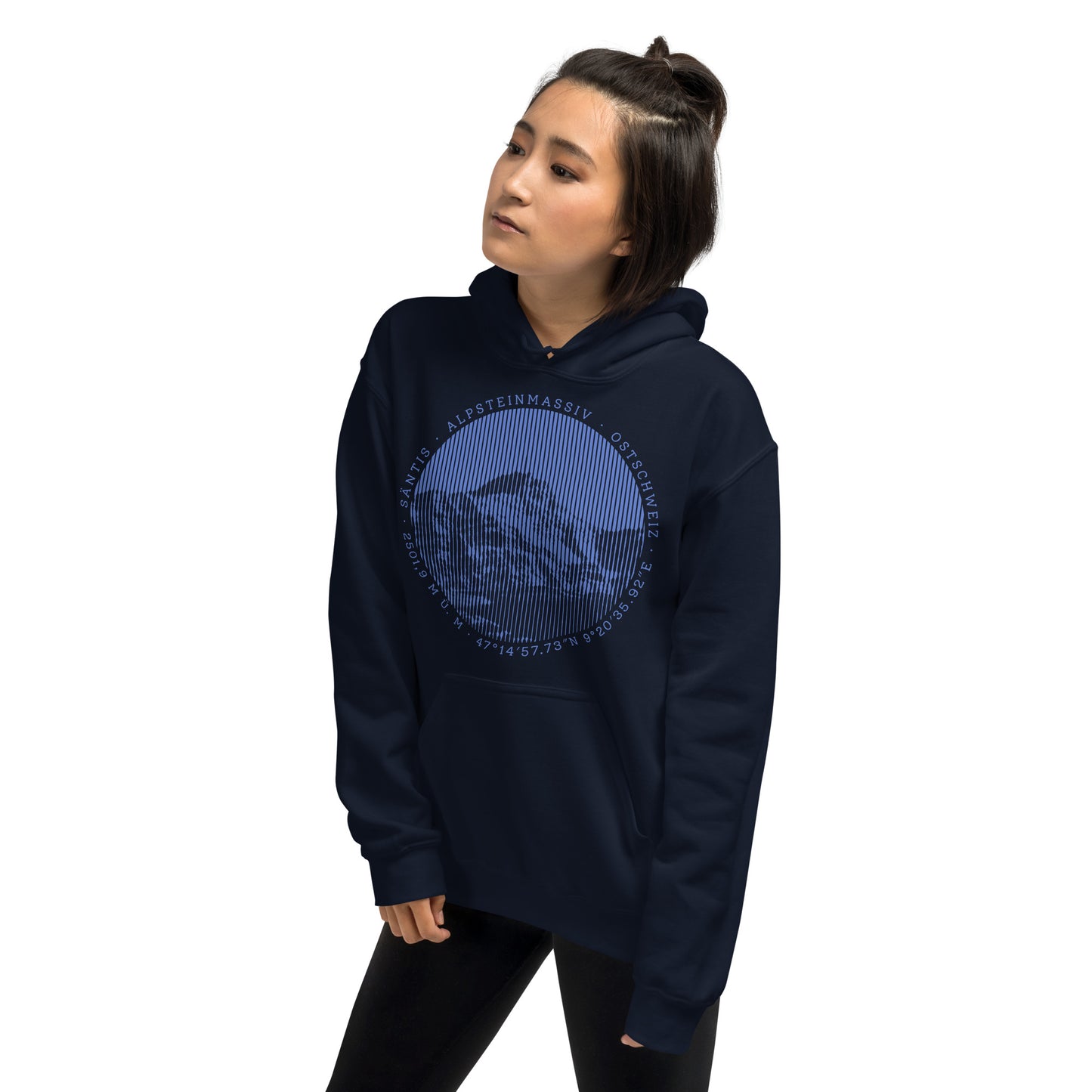 Damen Hoodie in Navyblau mit Säntis-Aufdruck, Baumwollmaterial, bequemer Schnitt, ideal für Outdoor-Aktivitäten.