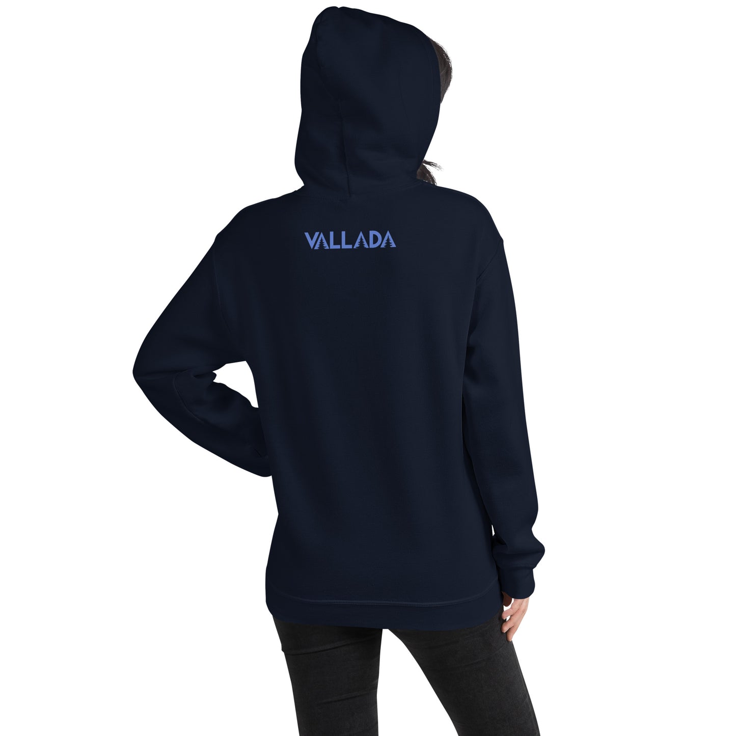 Damen Hoodie Säntis in Navyblau, Rückansicht mit Vallada-Logo, ideal für Wanderungen