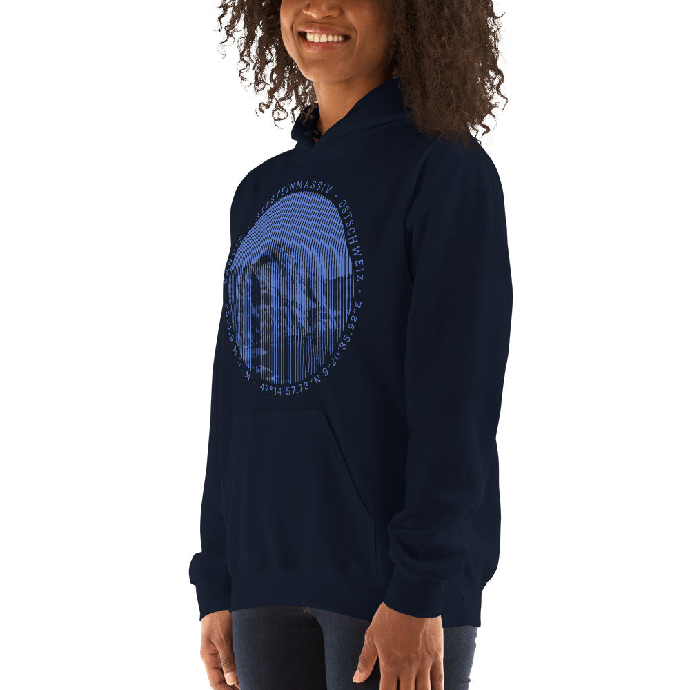 Damen Hoodie Säntis I in Navyblau mit Säntis-Gipfel-Aufdruck, bequem und stilvoll für Outdoor-Enthusiasten.