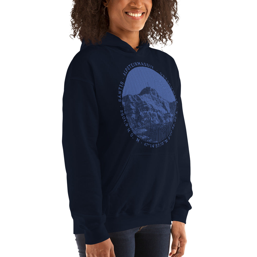 Damen Hoodie in Navyblau mit Säntis-Aufdruck, Baumwolle, bequemer Schnitt, ideal für Outdoor-Aktivitäten.
