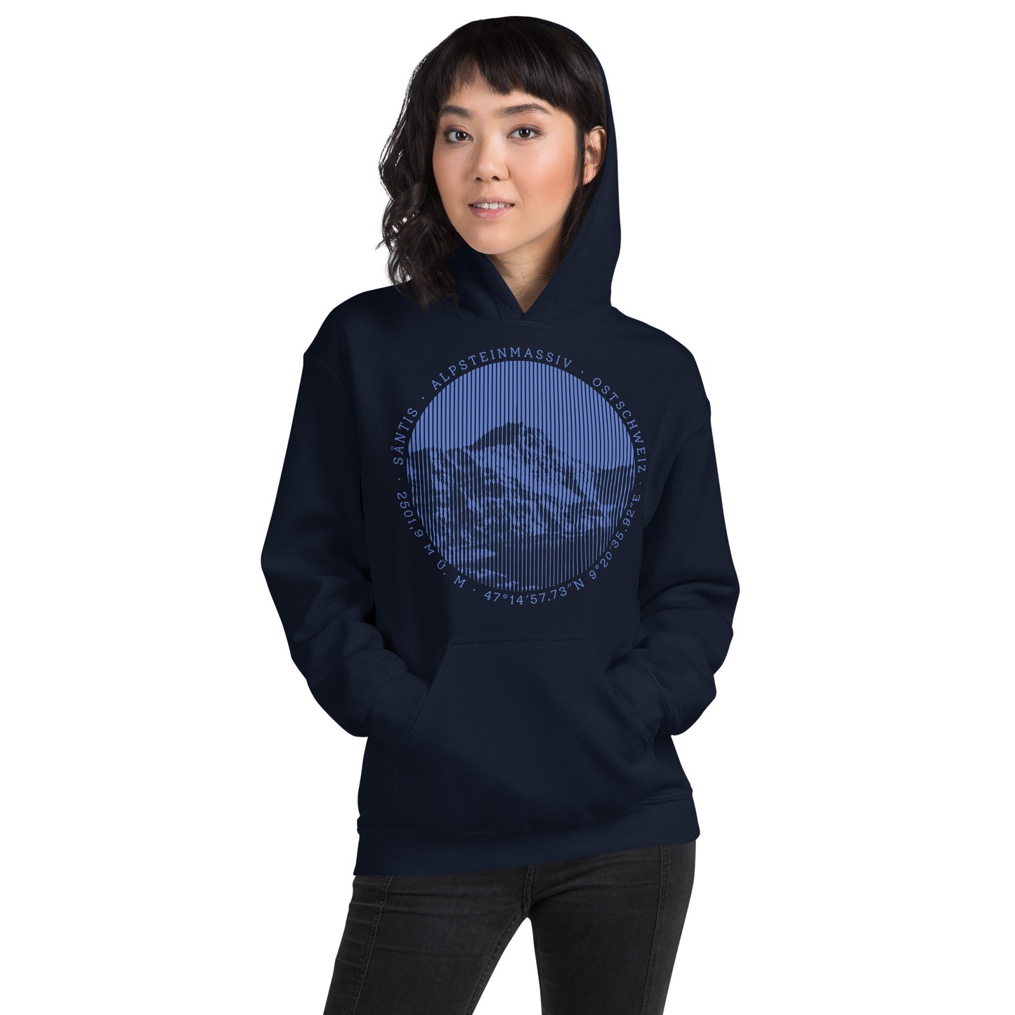 Damen Hoodie in Navyblau mit Säntis Aufdruck, Baumwolle, bequemer Schnitt, ideal für Outdoor-Aktivitäten