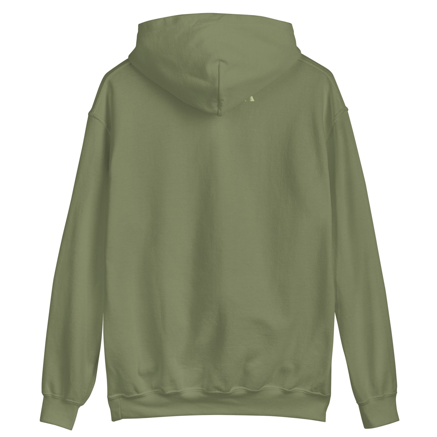 Rückseite eines olivgrünen Hoodies.