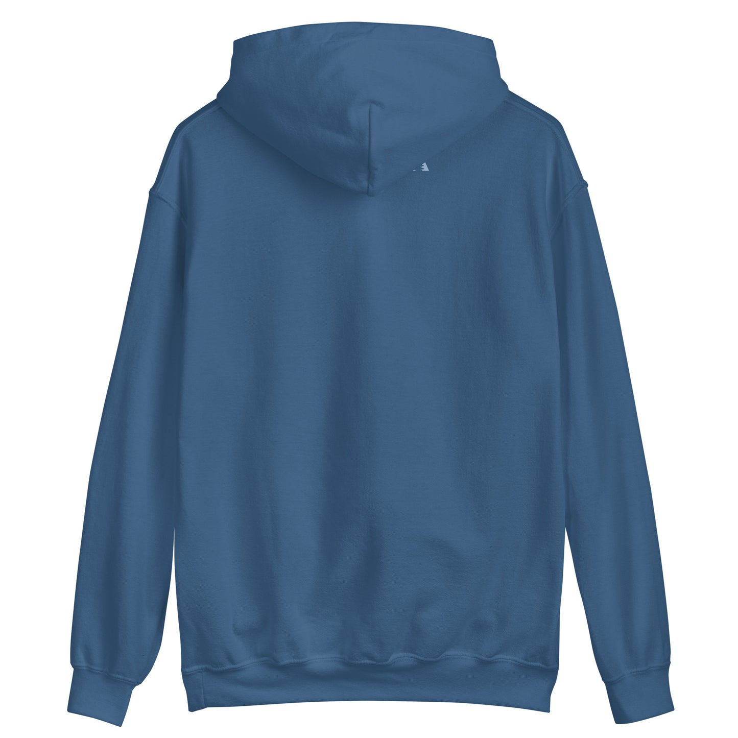 Rückseite eines indigoblauen Herren Hoodies.