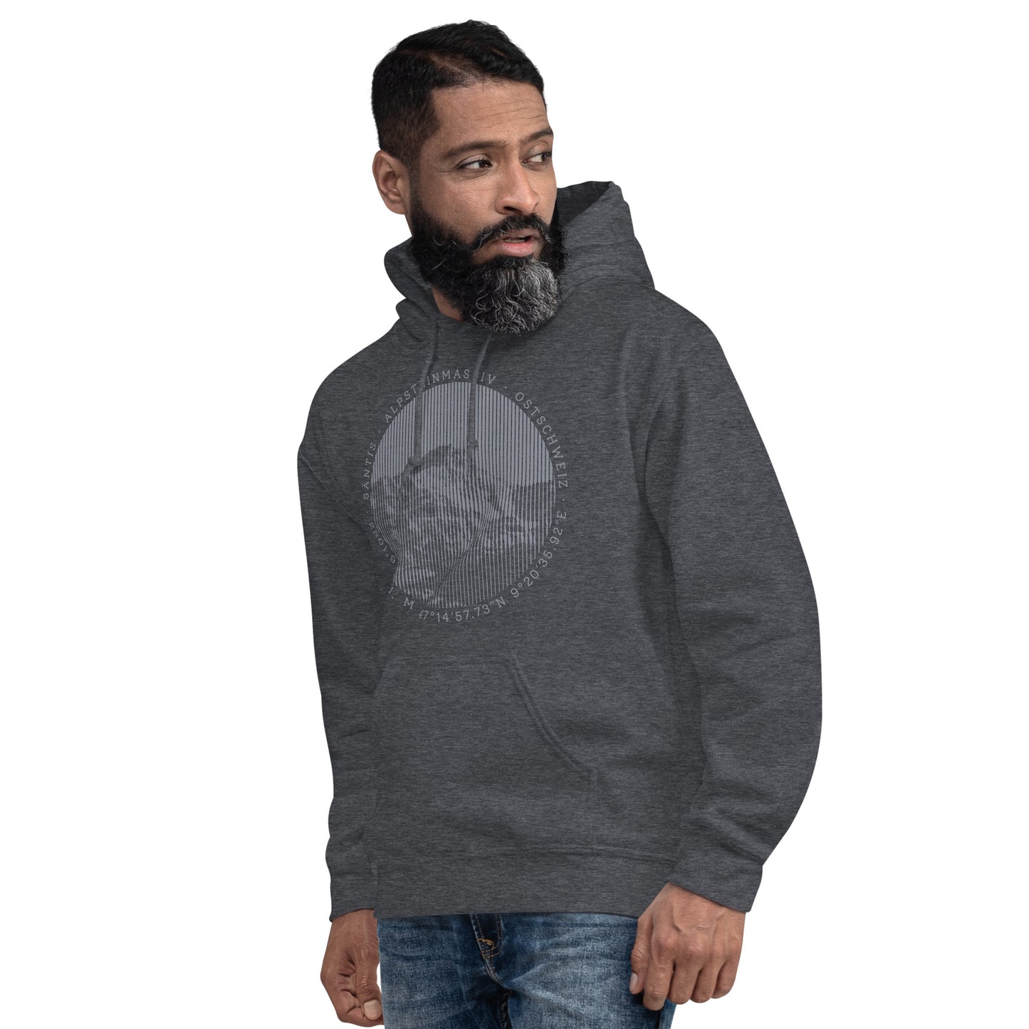 Dunkelgrau melierter Herren Hoodie mit Säntis-Aufdruck, Baumwollmischung, bequemer Schnitt, ideal für Outdoor-Aktivitäten.